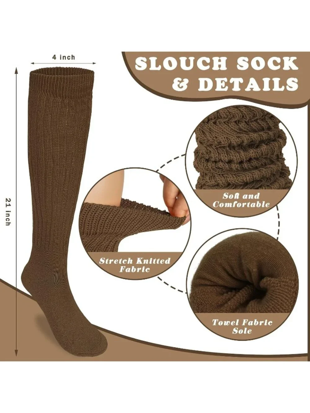 🧦Women's Black Brown 4 Pairs Slouchy Socks Boot Long Knee High Slouch Socks